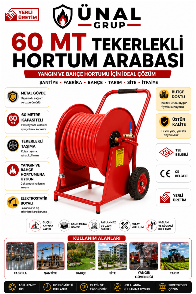 60 Metre Makaralı Hortum Arabası Makarlı Çıkrık Yangın Güvenlik Ekipmanı Yangın Tüpü