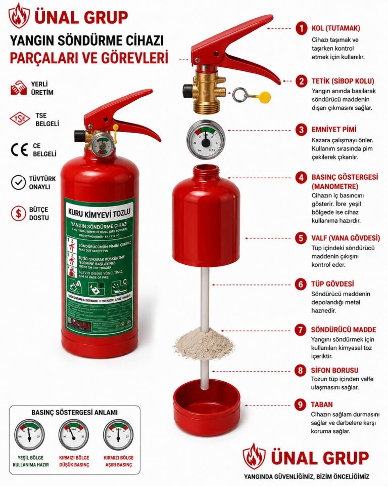 1 kg Araç Yangın Söndürücü Tüpü Kuru Kimyevi Tozlu TÜVTÜRK Onaylı 4 Yıl Garantili